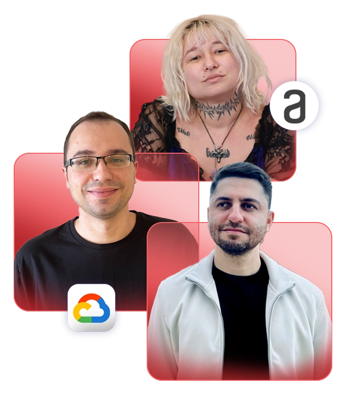 Imagem dos instrutores da Imersão Cloud DevOps da Alura com o Google Cloud, apresentando, da direira para a esquerda, de cima para baixo Camilla Martins, Gustavo Lapa e Guilherme Lima. Eles estão em frente a um fundo vermelho com elementos gráficos do Google e da Alura, cada um vestindo camisas casuais e sorrindo para a câmera.